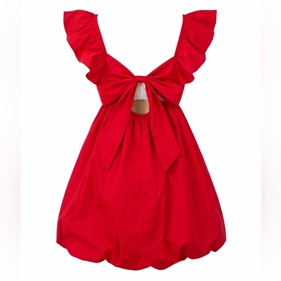 New Main Strip Red Bubble Hem Mini Dress L Bow Cut-out Back Coquette Y2K Fairy - Picture 2 of 13
